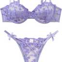 Lilosy Sexy Underwire Cute Push Up Strappy Embroidered Mesh Sheer Lingerie Set See Through Panty Bra (L)