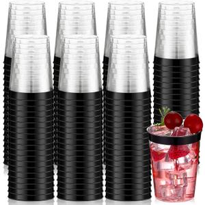 Gerrii 100 Pcs 10oz Plastic Cups Disposable Fancy Rimmed Cups Elegant Clear Drinking Tumblers for Wedding, Birthday, Halloween, Christmas, Graduation Party(Black)