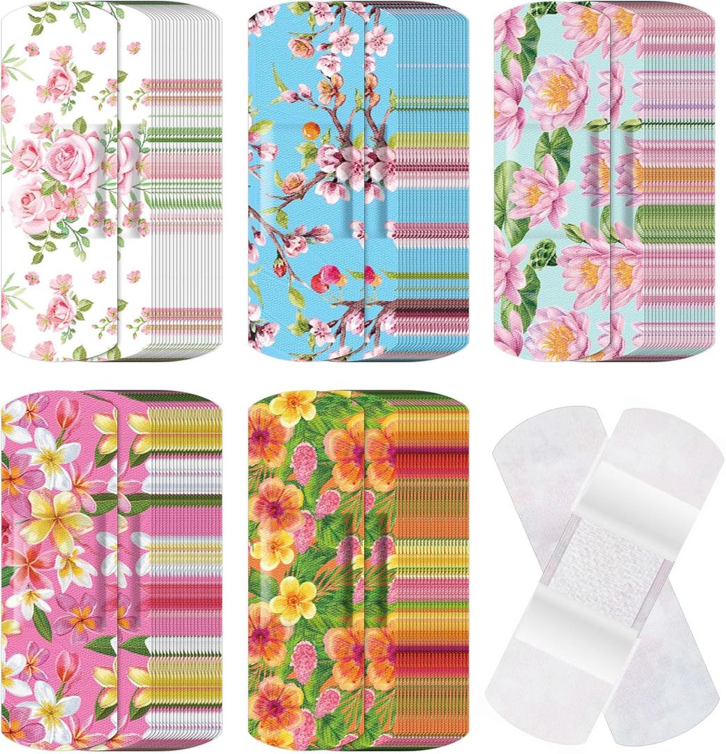 Threlaco 120 Pcs Fabric Adhesive Flexible Bandages Bulk Assorted Shapes and Patterns Small Colorful Pretty Fabric Bandages with Non Stick Pad 3 x 1 Inch for Cuts Wound Scrapes Women(Floral)