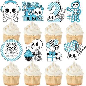 iPartyGo Bad Two Cupcake Decorations - 24 Pcs Blue Skeleton Skull The Bone Cake Toppers Set 2nd Birthday Dessert Decor Rock and Roll Music Themed Second Party Supplies Favors for 2 Years Old Boys, Pack of 2