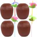 4pcs Novelty Coconut Cups with Hibiscus Flower Straws Plastic Hawaiian Party Cups Luau and Beach Party Decorations for Kids and Adults