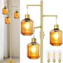 Gold Floor Lamp for Living Room, Modern Mid Century Standing Lamp with Amber Glass Shade, Dimmable Tall Tree Lamp with 36W LED Bulbs, Tall Lamp for Bedroom Office