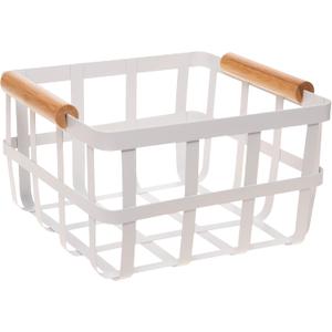 Simplify Square Metal Storage Basket with Bamboo Handles | Medium | Farmhouse Style Wire Basket | Home Organizer | Decorative | Rustic | White