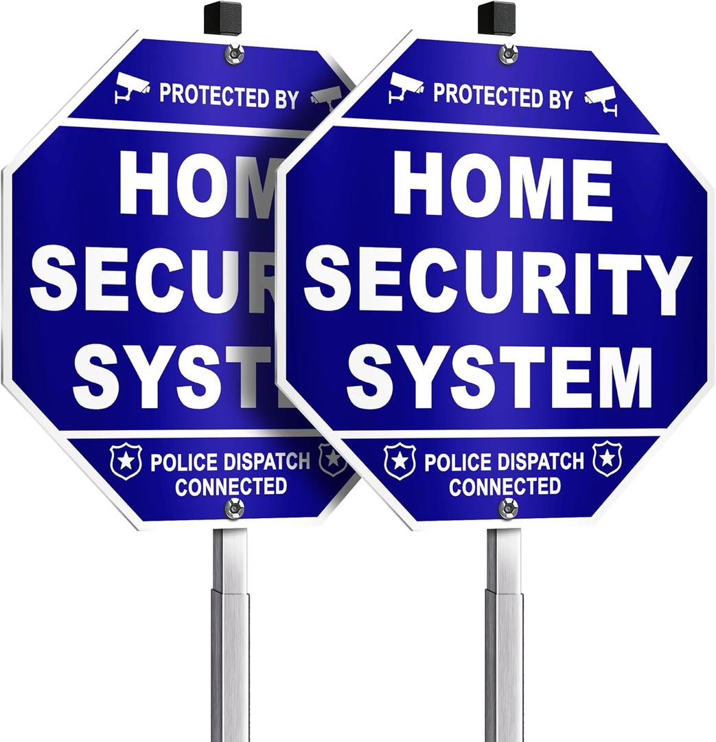 Protected By Home Security System Signs, 1028" Reflective Aluminum Warning Sign for Outside, Police Dispatch Connected with Stake, Set of 2