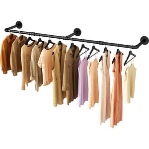 Wall Mounted Clothes Rack 60in, Industrial Pipe Clothing Racks Wall Mount, Heavy Duty Detachable Iron Garment Bar, Saving Space, Multi-Purpose Hanging Rod for Bedroom, Laundry Room, 1 Pack