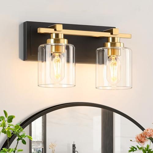 BrkNit 2 Light Modern Bathroom Light Fixtures Over Mirror, Black Gold Vanity Lights for Bathroom Wall Sconces with Clear Glass Shades, E26 Socket (Bulbs Not Included)