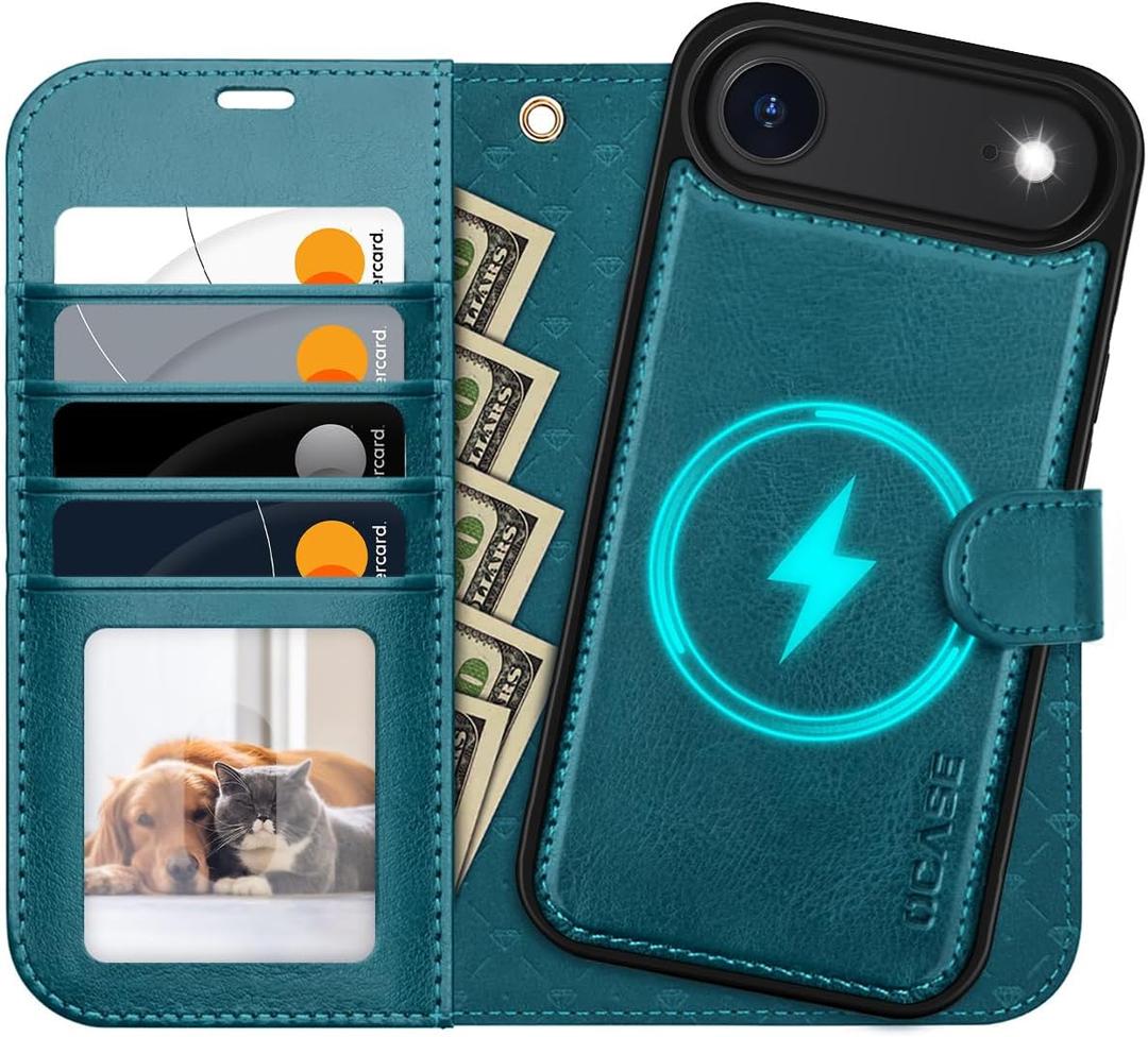 OCASE for iPhone Air Detachable Wallet Case with Card Holder, 2 in 1 PU Leather Flip Folio with RFID Blocking Stand Wrist Strap Shockproof Phone Cover 6.5 Inch 2025, Peacock Blue