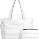 TOPDesign Puffer Tote Bag for Women, Lightweight Puffy Handbag with Compartments, Quilted Shoulder Bag for Work, Travel, Gym (Medium, White)