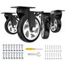 5 Inch Swivel Caster Wheels,Set of 4 Heavy Duty,Black Industrial Casters with Brake, Locking Casters for Furniture and Workbench for Cart,Top Plate Swivel Wheels and Load 2400lbs(Screws and a Spanner)