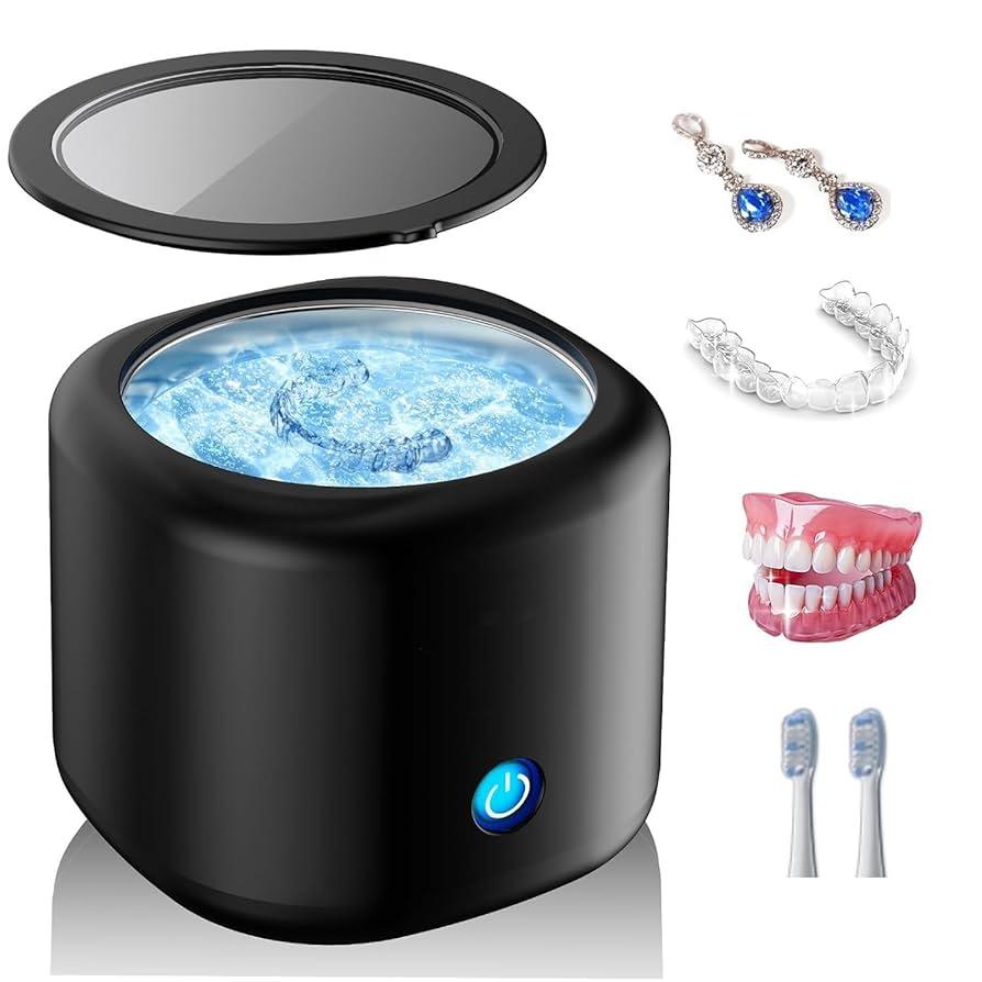LEIYTFE Mini Ultrasonic Cleaner Denture Cleaner 180ML One-Button Start and 5 Min Timing,Household Portable Ultrasonic Cleaning Machine for Small Part Black