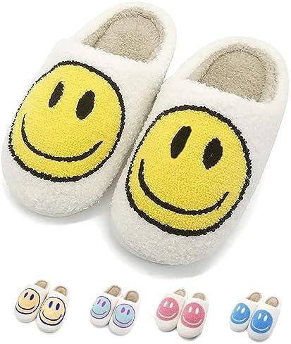 FUUPNN Smile Face Slippers for Girls & Boys, Retro Cute Soft Plush Indoor/Outdoor Shoes, Fuzzy House Lightweight Slippers with Memory Foam Warmth, Non-Slip, White, Unisex-Kids, Children, Size: 12-13 Little Kid