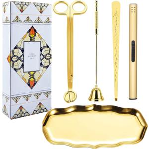5 in 1 Candle Trimmer and Lighter Set with Candle Snuffer and Wick Trimmer with Tray, Gold Candle Wick Trimmer and Snuffer Set with Lighter and Wick Dipper for Scented Candle Lovers