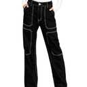 Women's High Waisted Baggy Jeans Stretch Washed Stitching Cargo Straight Denim Pants 36