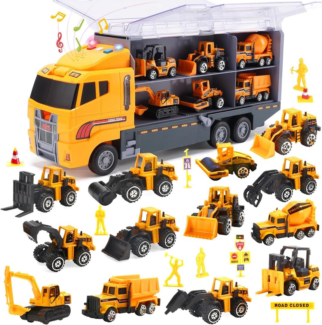 25 in 1 Construction Truck Toy Set for Kids  Push and Go Car Carrier with Lights and Sounds, 12 Diecast Mini Vehicles Included