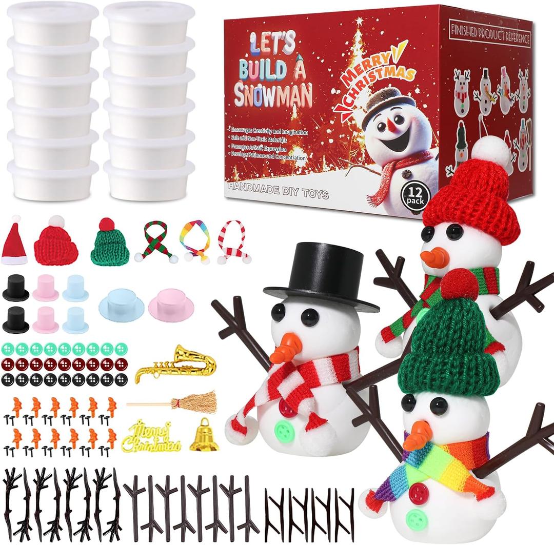 LAHAND 12-Pack Christmas Snowman Crafts Sets for Kids, Modeling Clay Snowman DIY Kit,Christmas Stocking Stuffers for Kids, Perfect for Winter Children's Holiday Party Decoration Gifts