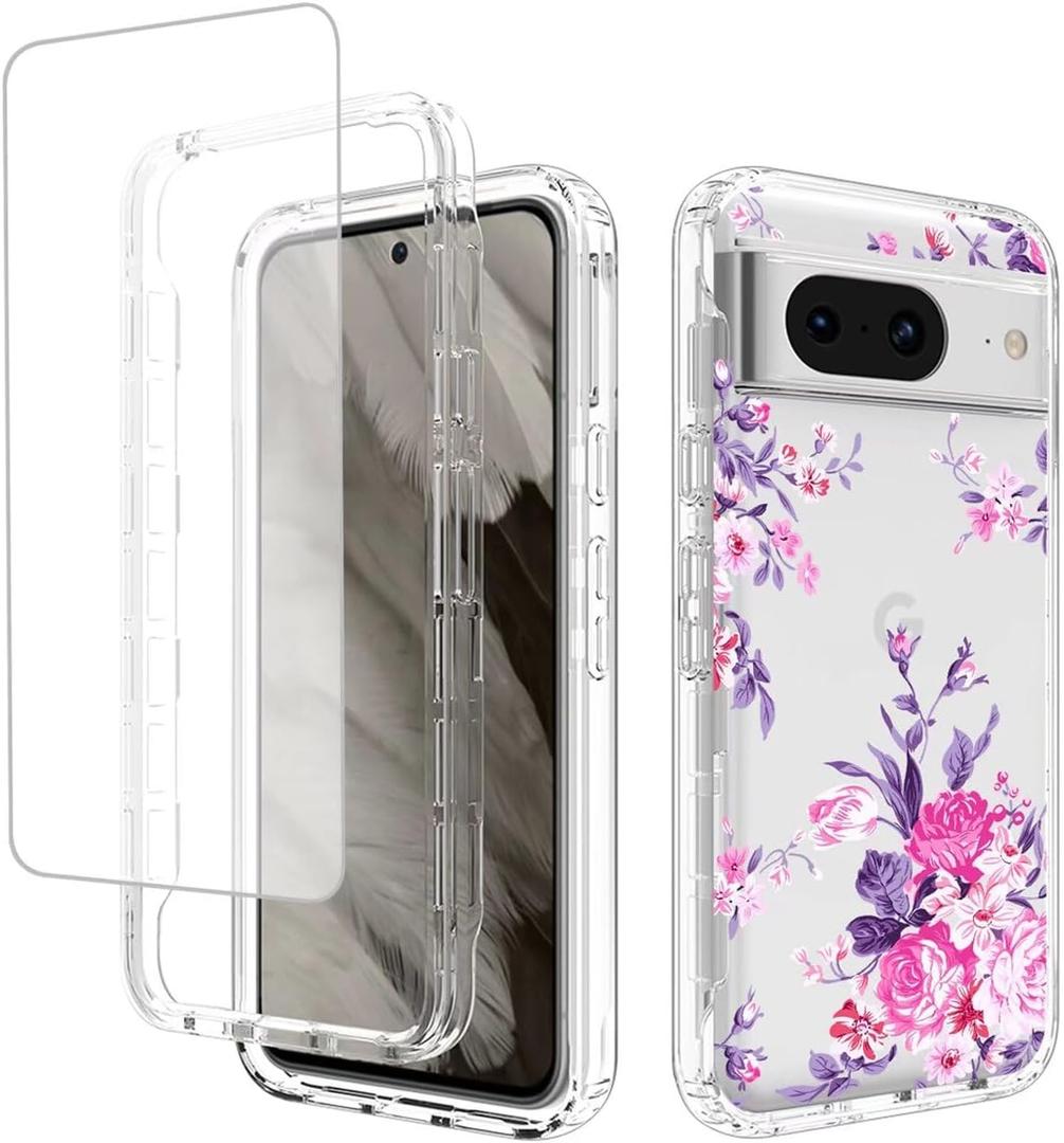 Case for Pixel 8 Case, for Google 8 GKWS6 G9BQD Case with Tempered Glass Screen Protector, Soft 360 Full Body Shockproof Hybrid Crystal Clear Case Cover for Google Pixel 8 Rose Flower