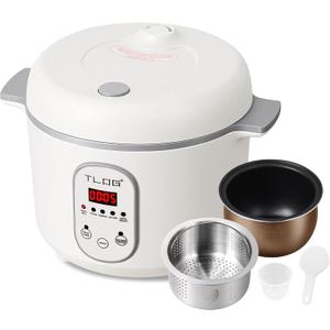 TLOG Low Carb Rice Cooker 2L(8 Cups Cooked), Low Sugar Healthy Rice Maker with 304 Stainless Steel Steamer Basket, 5 Cooking Presets, 24H Timer & Keep Warm Function