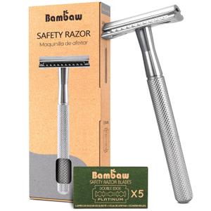 Bambaw Double Edge Safety Razor for Men & Women, Metal Razor with 5 Double Edge Safety Razor Blades, Eco-Friendly Razor  Silver