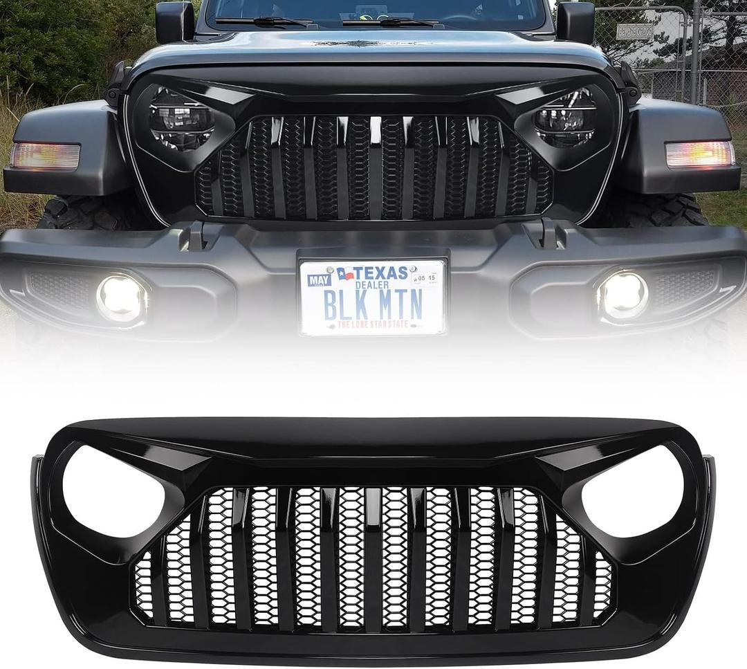 Front Grill Glossy Black Grille Grid For Jeep Wrangler JL JLU 2018, 2019, 2020, 2021, 2022 & Gladiator JT (Glossy Black Fury)