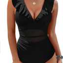ZAFUL Women's One Piece Swimsuits Tummy Control Ruffle V Neck Mesh Bathing Suit Sexy Slimming Swimwear (Medium, Black)
