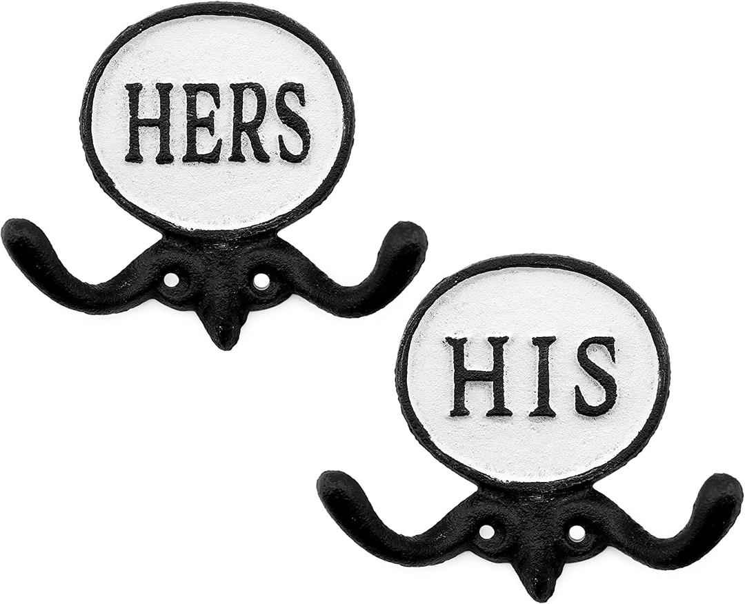 AuldHome Design His and Hers Towel Hooks (Set of 2); Cast Iron Rustic Farmhouse Decor Door Wall Hangers (Black and White)
