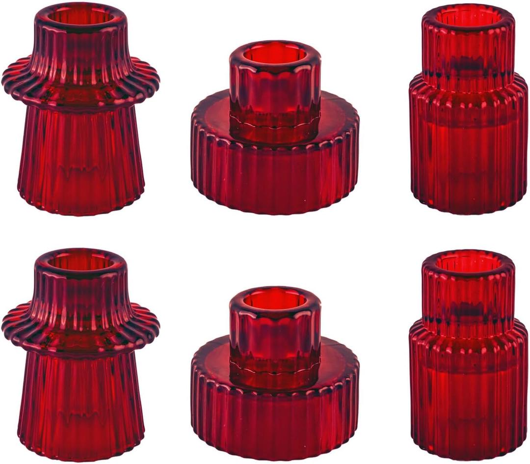 Double Sided Vintage Ribbed Taper Glass Candle Holders,Tea Candle Holder for Table Centerpieces, Wedding Decorations and Dinner Parties (Red, 6 PCS)