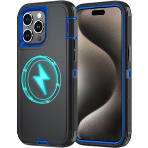 For iPhone 15 Pro Max Case [Compatible with MagSafe], Heavy Duty Shockproof 3-Layer Full-Body Protection Rugged Cover, Drop-Resistant and Wireless Charging Friendly (Black/Blue, iPhone 15 Pro Max)