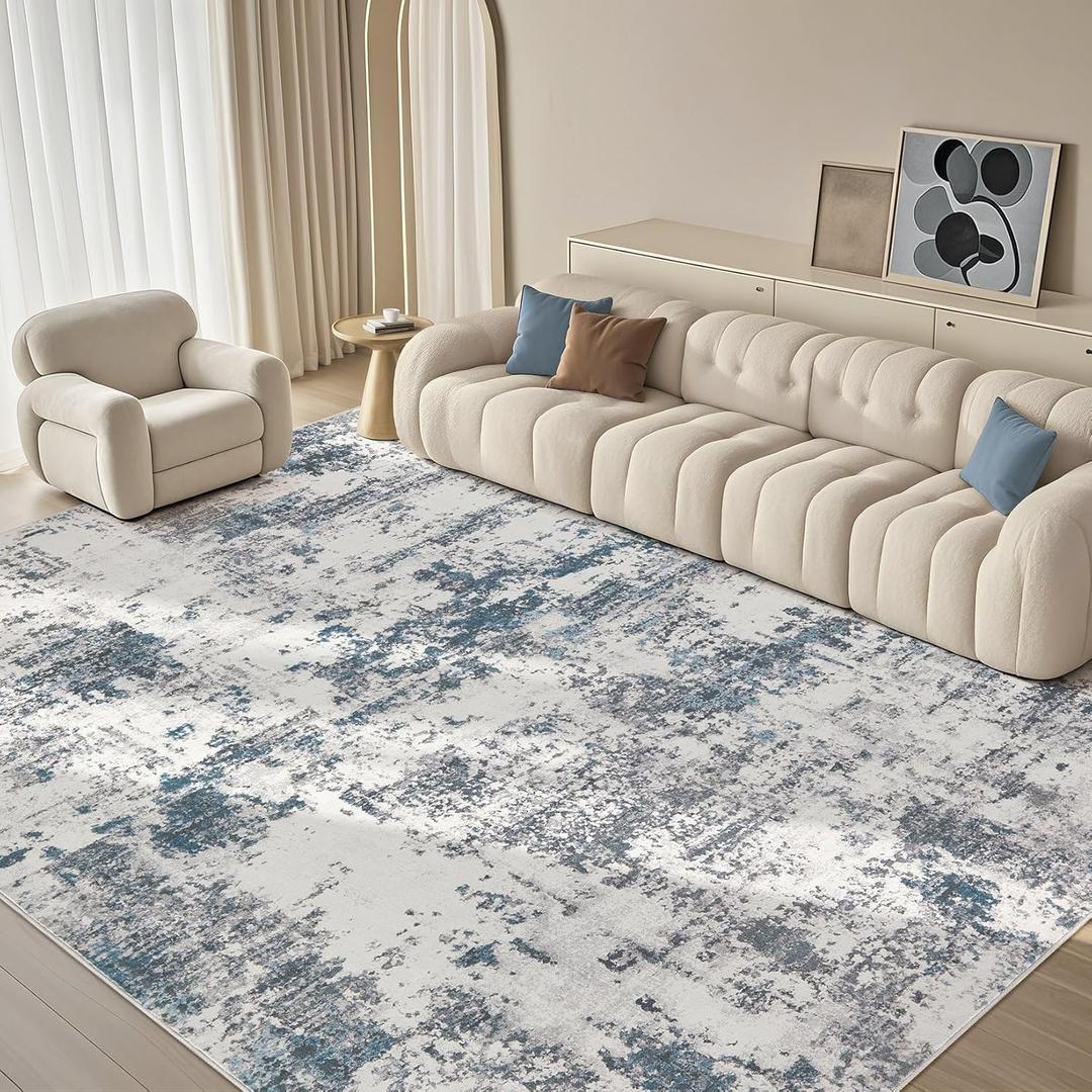 9X12 Washable Area Rug - Abstract Modern Neutral Large Rug Foldable Soft Thin Non Slip Low Pile Indoor Carpet Living Room Bedroom Farmhouse Dining Room Home Office Blue Grey