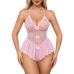 Aranmei Women Sexy Lingerie Bodysuit Lace Teddy V Neck Mesh Chemise One Piece Babydoll Lingerie (Pink,Medium)