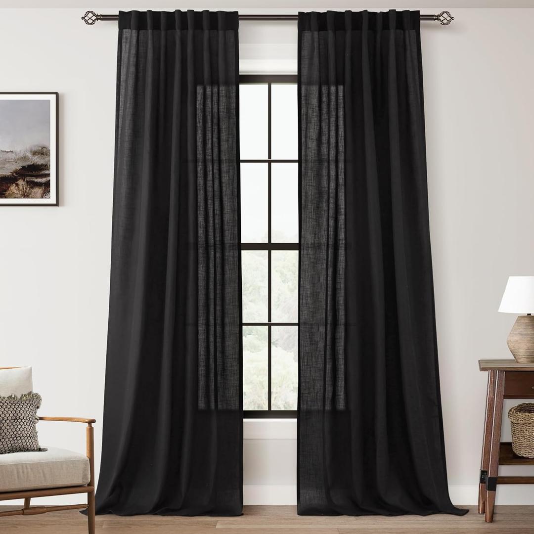 Black Linen Curtains 102 inches Long for Bedroom Back Tab Light Filtering Privacy Semi Sheer Black Curtains Living Room Boho Rustic Farmhouse Cotton Textured Gauze Curtain 2 Panel Set