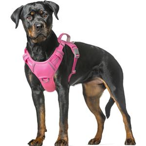 BARKBAY No Pull Dog Harness Large Reflective Dog Harness with Front Clip and Easy Control Handle for Walking Training Running with ID tag Pocket(Pink,XL)