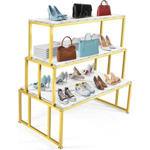 Metal Shoe Handbag Display Table，3 Tier Heavy Duty Risers Display Stands，Modern Standing Display Riser Shelf for Retail Stores Vendor Events, Iron and Wood, Gold