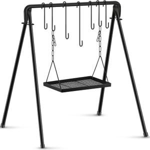Campfire Swing Grill Stand Adjustable Grill Cooking Stand Hanging Rack with 8 Hooks and Accessories Campfire Cooking Equipment for BBQ Picnic Outdoor Party (Medium Tray)