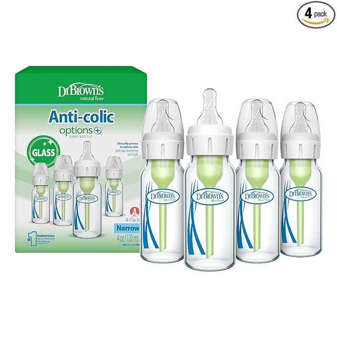 Dr. Brown's AntiColic Options+ Narrow Glass Baby Bottle with Level 1 Slow Flow Nipple, BPAFree, 4 oz/120mL, 4Pack, 0m+