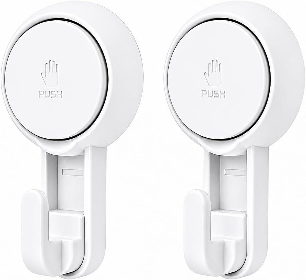 HOME&I Heavy Duty Suction Cup Hooks, 11 lb Strong Hold, No Drill Shower Hooks for Bathroom, Easy Push Install, Removable & Reusable, for Tile Glass Mirror, 2 Pack