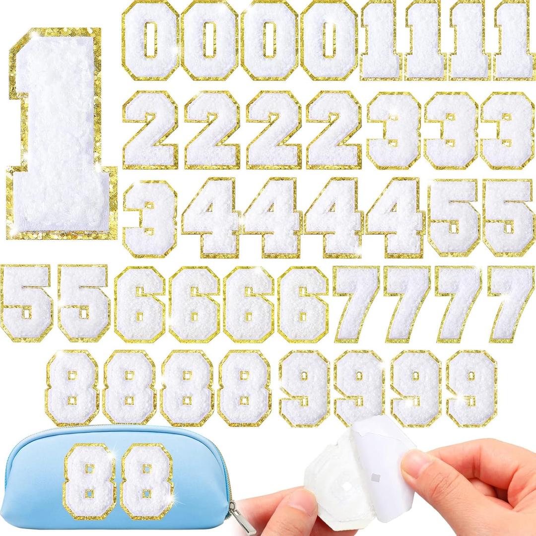 40 Pieces Number Patches Self Adhesive Chenille Patches 0-9 Glitter Chenille Number Appliques Stickers for DIY Clothing Jacket Mobile Phone Backpacks Hat(White)