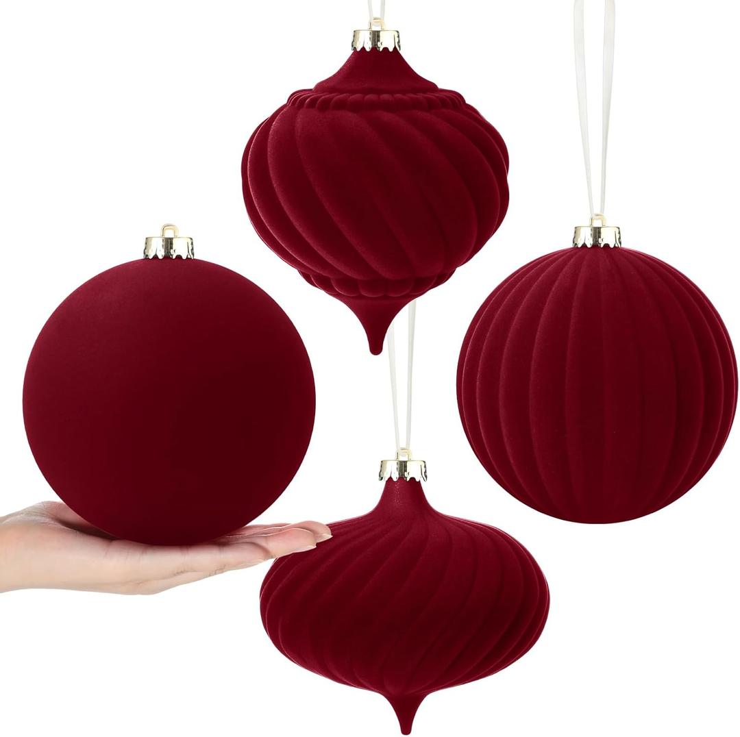 Civaner 4 Pcs 6 Inch Large Velvet Christmas Ball Ornaments Vintage Christmas Plastic Ball Ornaments Flocked Xmas Tree Hanging Decoration for Xmas Party Decor(Burgundy)
