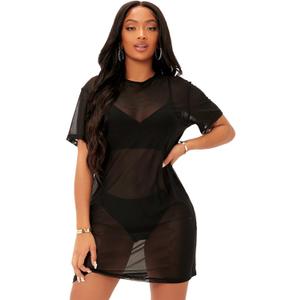 MakeMeChic Women's Swimsuit Cover Ups Beach Swimwear See Through Sheer Mesh Dress