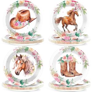 CHUNNIN 48 PCS Horse Birthday Party Paper Plates Pink Floral Western Horse Birthday Party Decorations for Girls Disposable Dessert Plates for Baby Shower Bachelor Decorations