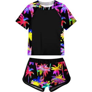 ADUKIDE Girls Rash Guard Swimsuit 2-Piece Bathing Suit UPF 50+ Summer Beach Swimwear Size 7-16T (Black)