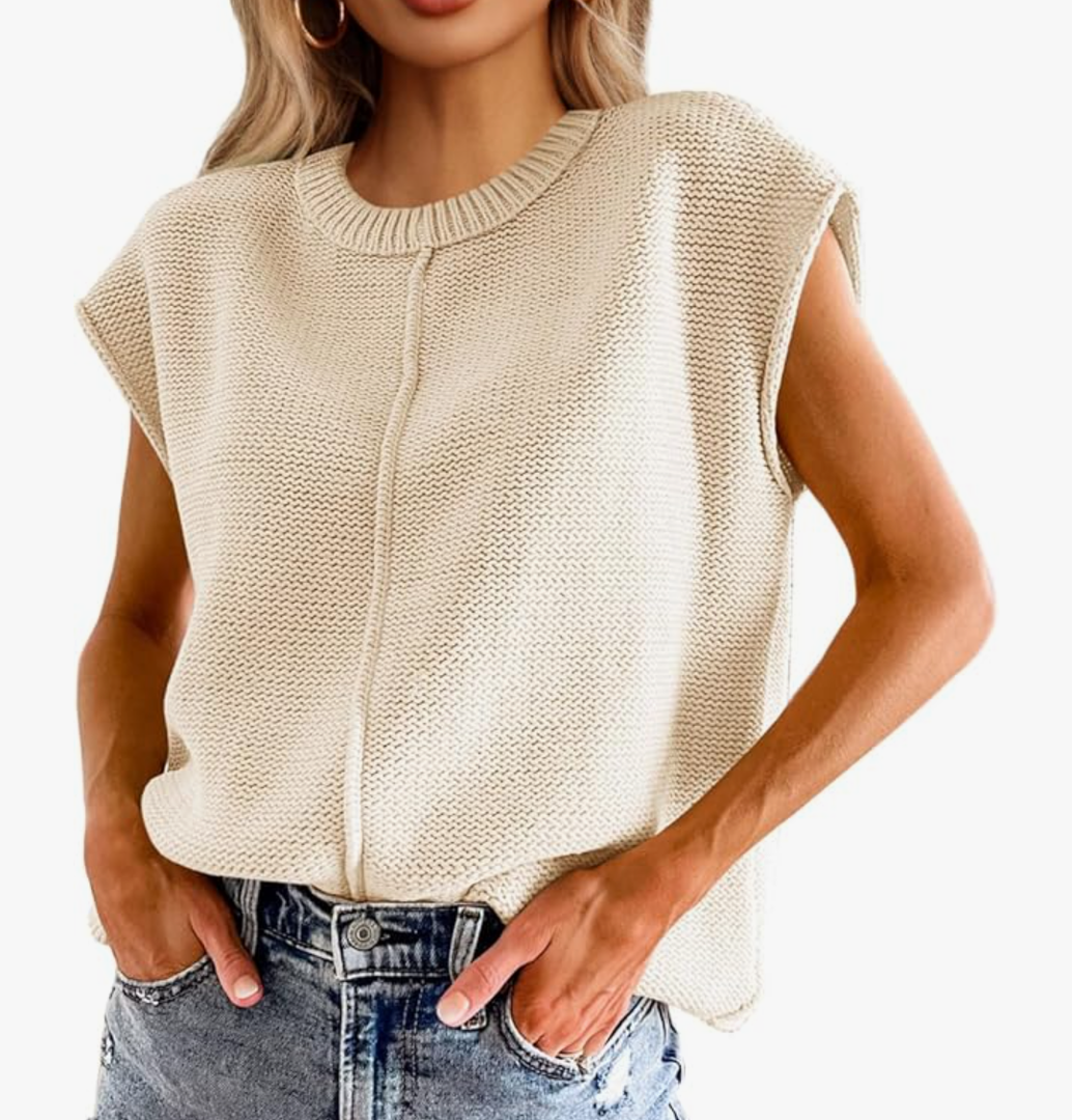 Saodimallsu Womens Summer Cap Sleeve Tops Casual Crew Neck Loose Fit Knit Lightweight Sweater Pullover Top S