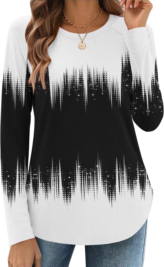 Zeagoo Long Sleeve Shirts for Women Crew Neck Casual Fall Fashion Blouses Basic Tunic Tops Dressy Work Clothes (Medium, Black White-jb204)