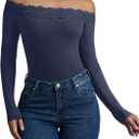 REORIA Womens Sexy Off the Shoulder Long Sleeve Bodysuit Lace Going Out Top