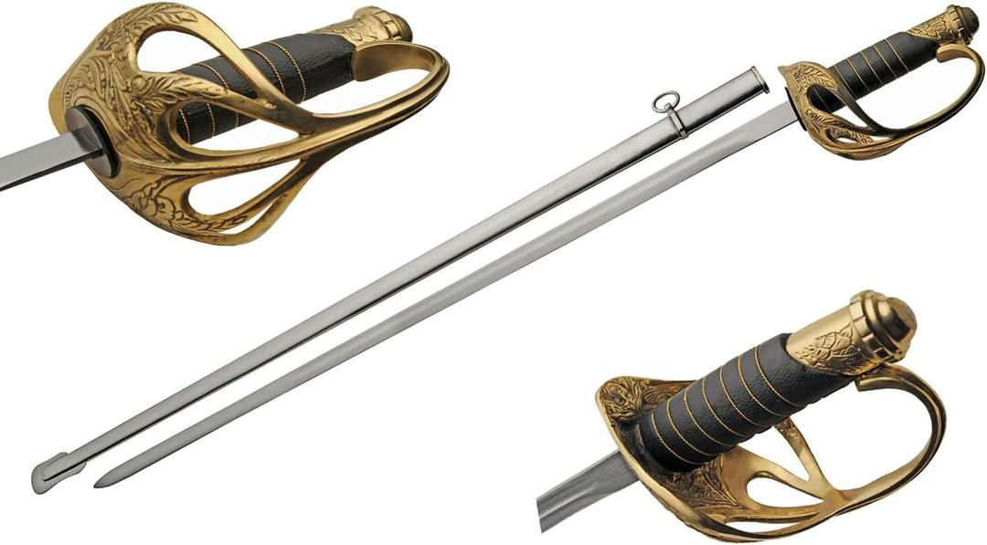 SZCO 32” Officer Ceremonial Sword – Military Dress Sword for Adults with Brass Guard & Pommel, Leather Wrapped Handle & Metal Scabbard for Reenactment, Costume, Display & Ceremonial Use