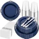 Hioasis 175pcs Blue and Silver Plastic Plates - Elegant Disposable Dinnerware Set Suitable for 25 Guests Include 10.25" Dinner & 7.5" Dessert Plates, Cutlery, Napkins, Cups for Party & Wedding