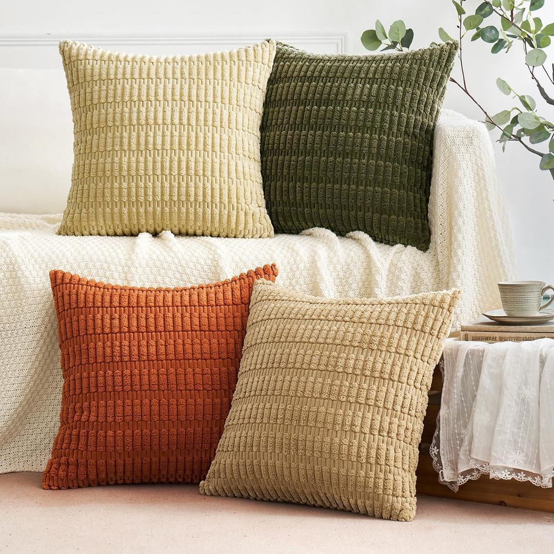 Woaboy Pack of 4 Brown Green Corduroy Decorative Throw Pillow Covers Soft Boho Striped Pillowcases Farmhouse Modern Home Decor for Couch Sofa Bed Living Room 18x18 Inch