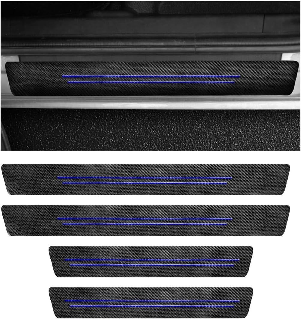 4PCS Car Door Sill Protector, Anti-Scratch Carbon Fiber Door Sill Protection Entry Edge Guard, Waterproof Scuff Threshold Strips Sticker Exterior Decor for Most Vehicles (Blue)