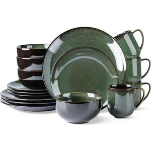 LERATIO Ceramic Dinnerware Sets for 4,16-Piece Reactive Glaze Plates and Bowls Set with Mugs,Highly Chip and Crack Resistant | Dishwasher,Microwave & Oven Safe Dishes set-Green (Dreamy Moonlight-Green)