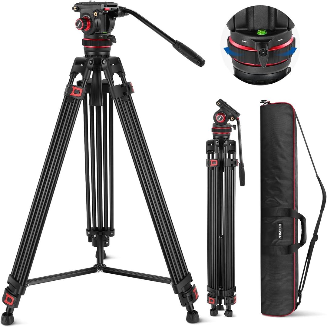 NEEWER 74" Video Tripod with Adjustable Damping Fluid Head, Metal Heavy Duty Dual-Mode QR Plate Compatible with DJI RS Gimbals, Flexible 360 Pan&+90/-75 Tilt, Max Load 22lb/10kg, TP75