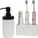 Suanti 2PCS Bathroom Accessories Set with Large-Opening Ribbed Soap Dispenser and 3 Compartment Toothbrush&Toothpaste Holder, Resin Farmhouse Bathroom Decor Set Countertop Organizer-Matte White